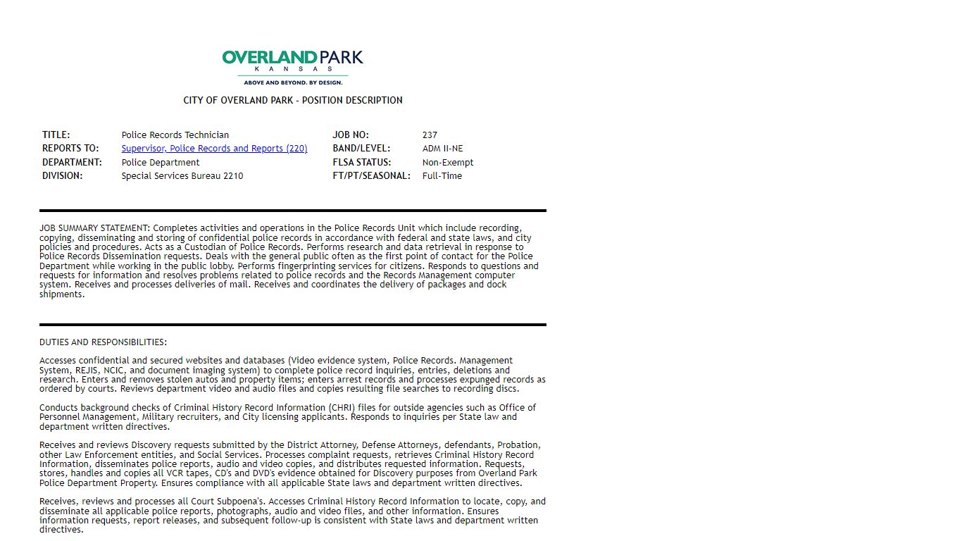 Police Records Technician (237) - City of Overland Park, Kansas